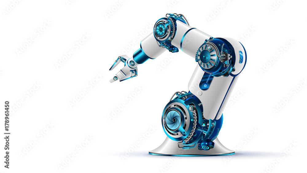 robotic arm 3d on white background. Mechanical hand. Industrial robot manipulator. Modern industrial technology. - obrazy, fototapety, plakaty 
