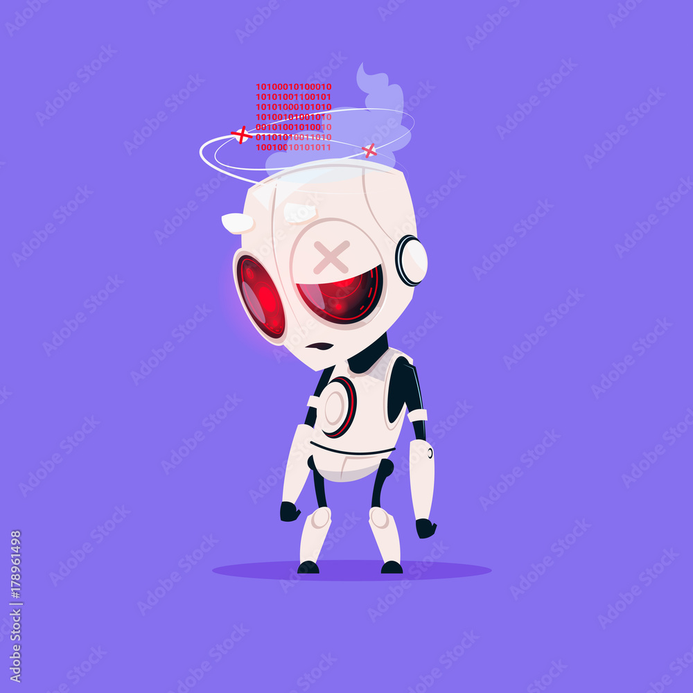 Cute Robot Broken Isolated Icon On Blue Background Modern Technology Artificial Intelligence Concept Flat Vector Illustration Cute Robot Broken Isolated Icon On Blue Background Modern Technology Artificial Intelligence Concept Flat Vector Illustration