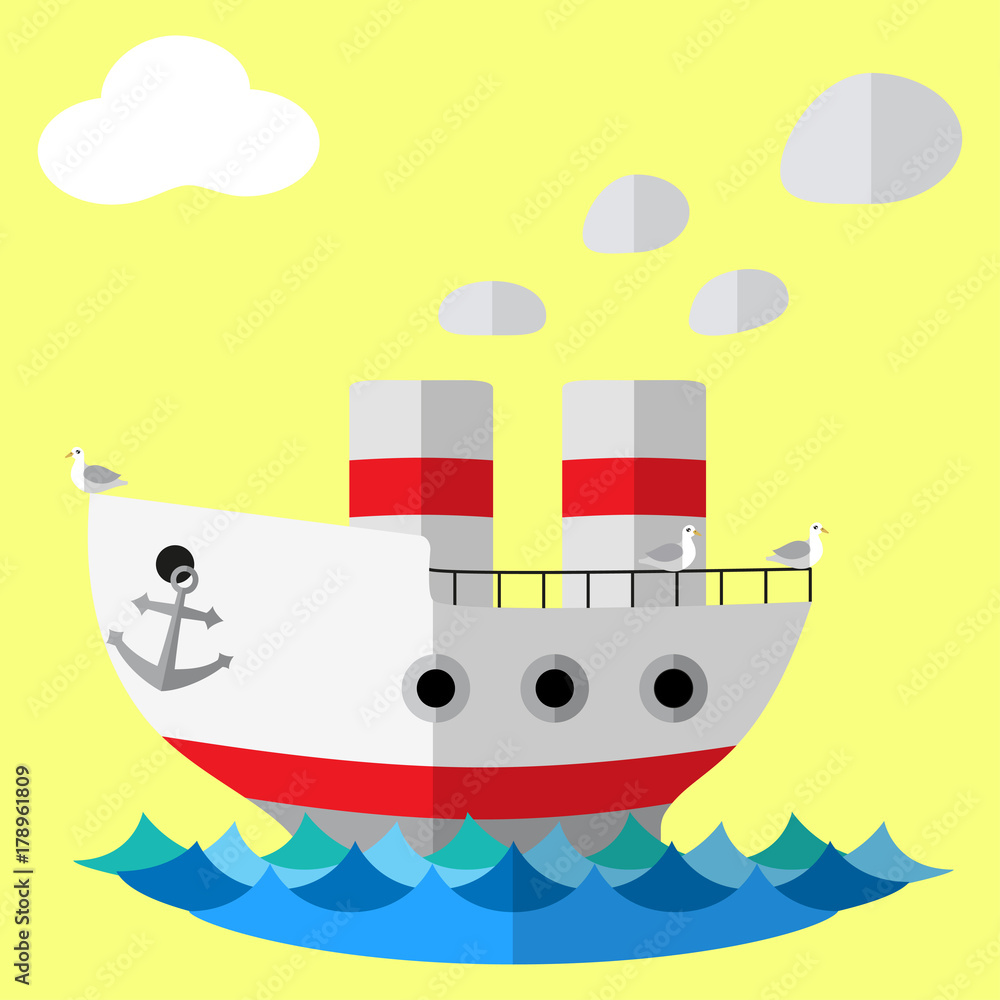 Obraz premium Retro steam ship flat vector poster.