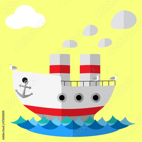 Retro steam ship flat vector poster.