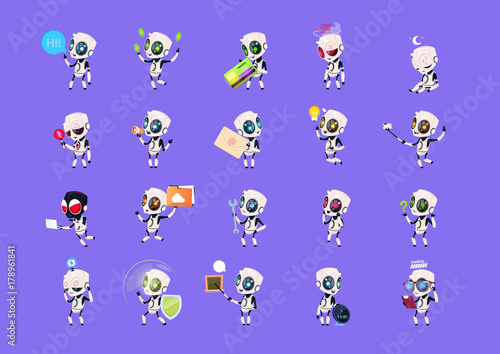 Set Of Cute Robots Icons Isolated On Blue Background Modern Technology Artificial Intelligence Concept Vector Illustration