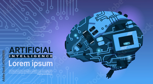 Shape Of Modern Brain Cyborg Mechanism Over Circuit Motherboard Background Banner With Copy Space Artificial Intelligence Concept Vector Illustration