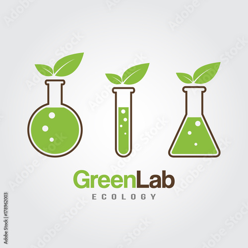 Green Lab icon logo isolated. Organic Laboratory. Ecology vector. Chemicals, nature, natural logo, science icon,technology logo, Eco green with leafs. laboratory glassware and leaves. Lab glassware.