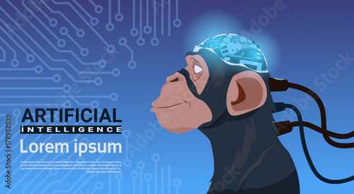 Monkey Head With Modern Cyborg Brain Over Circuit Motherboard Background Artificial Intelligence Concept Vector Illustration