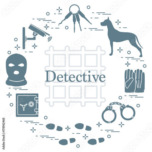 Criminal and detective elements. Crime, law and justice vector icons.