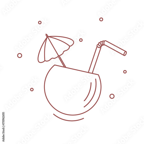 Stylized icon of the cocktail in half coconut, tube and umbrella. Travel and leisure.