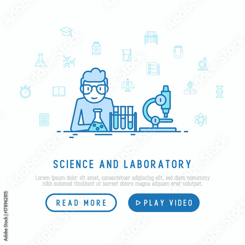 Scientist in glasses does experiment concept. Template of web page with thin line icons of dna, microscope, scales, magnet, respirator, spirit lamp. Vector illustration.