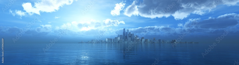 Modern city at sunrise over water, 3D rendering
