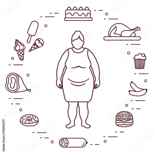 Fat woman with unhealthy lifestyle symbols around her. Harmful eating habits.