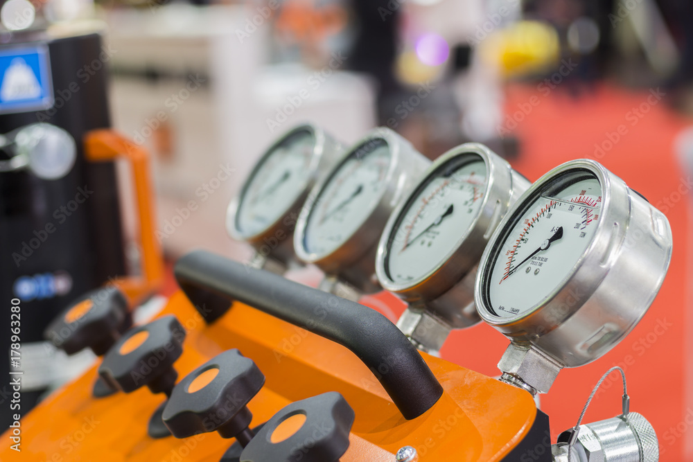 Fototapeta premium Pressure gauge in hydraulic pump set ; selective focus