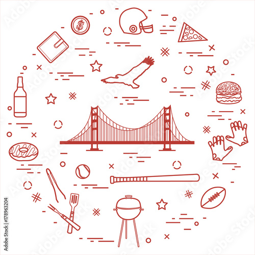 Symbols of USA: Golden Gate, suspension bridge and soaring eagle, whiskey, donut, wallet, dollar, helmet and gloves for american football, hamburger and other.