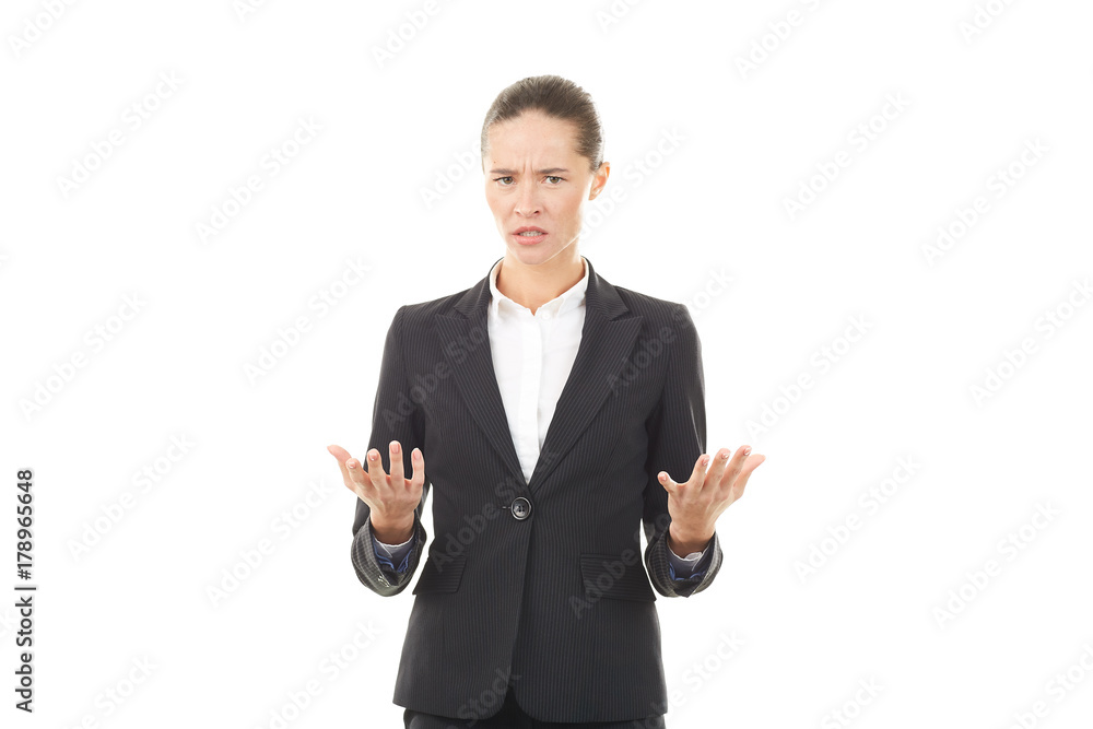 Portrait of young emotional businesswoman in formal suit on white background Portrait of young emotional businesswoman in formal suit on white background