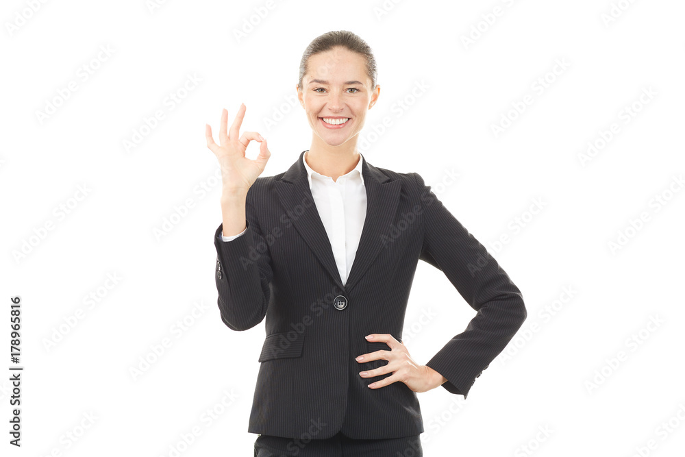 Portrait of young emotional businesswoman in formal suit on white background Portrait of young emotional businesswoman in formal suit on white background