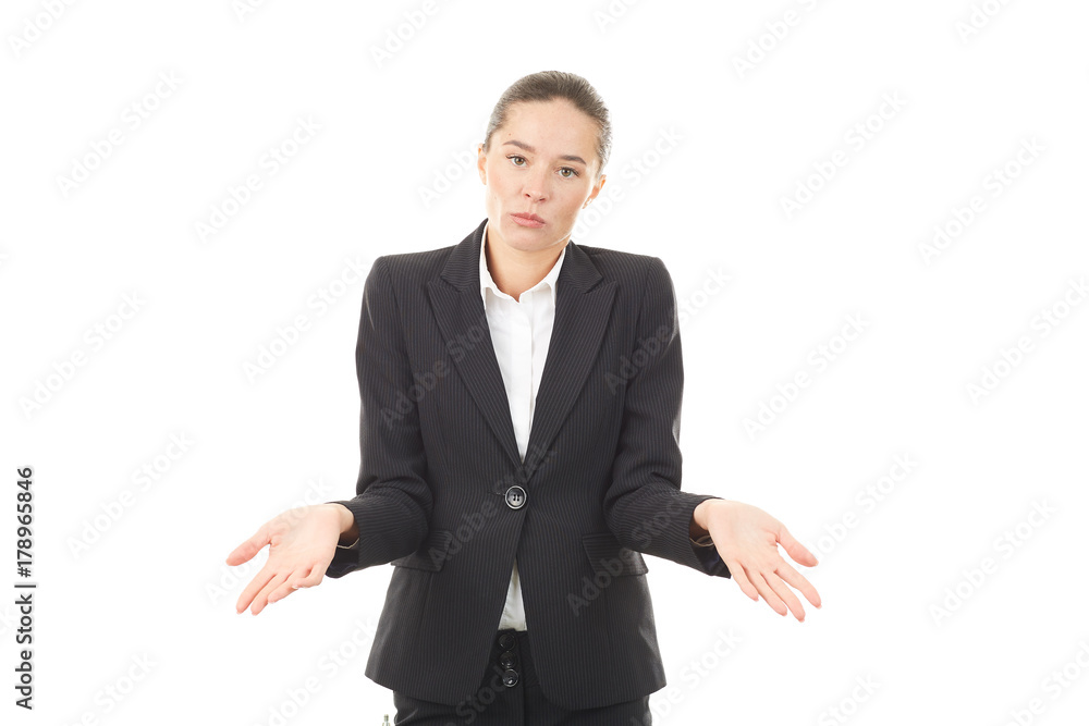 Portrait of young emotional businesswoman in formal suit on white background Portrait of young emotional businesswoman in formal suit on white background