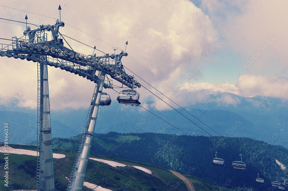 bearing of the ropeway in the mountains in summer