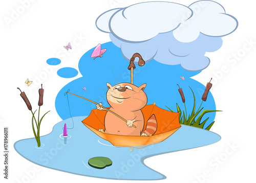  Illustration of a Cute Cat Fisherman. Cartoon Character