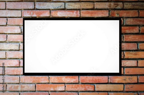 white blank board or advertising billboard for your text message or media content with old vintage brick wall background, commercial, marketing and advertising concept