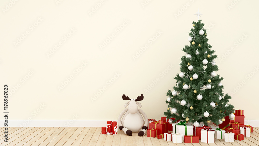 Fototapeta premium reindeer doll with christmas tree and gift in living room - artwork for Christmas day - 3D Rendering