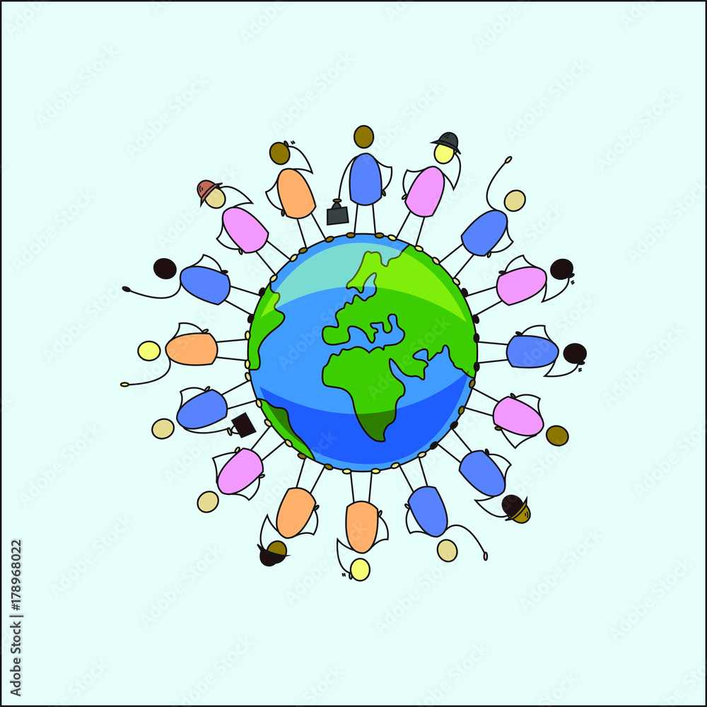 Diverse group of people standing on planet earth. Vector illustration of the globe with humans on it. Diverse group of people standing on planet earth. Vector illustration of the globe with humans on it.