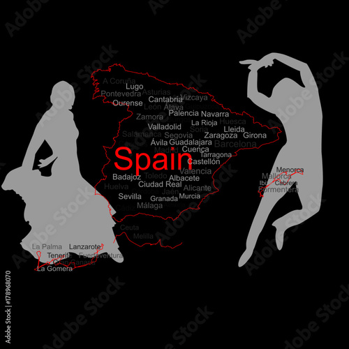 Póster visita españa con ciudades y pareja de bailadores de flamenco