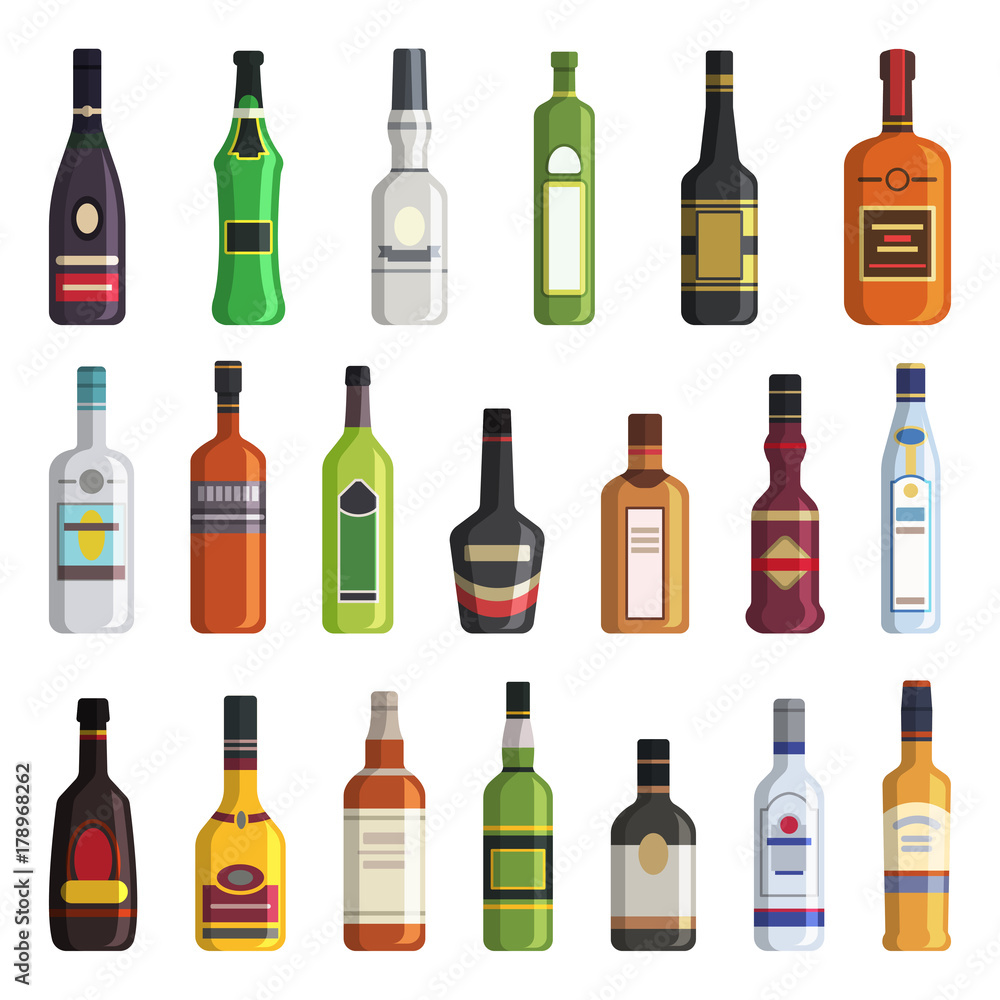 Liqueur, whiskey, vodka and other bottles of alcoholic drinks. Vector pictures in flat style Liqueur, whiskey, vodka and other bottles of alcoholic drinks. Vector pictures in flat style