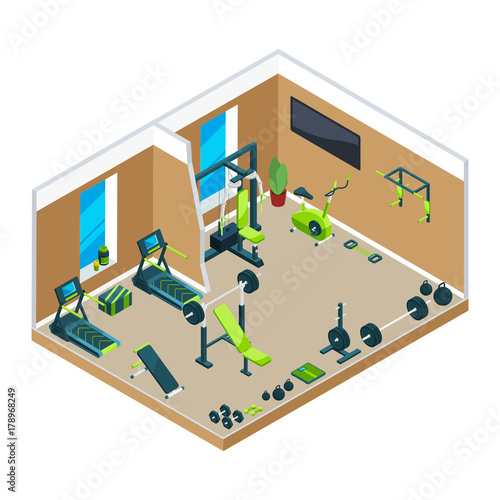 3D isometric illustrations of gym with different sport equipment for powerlifting and bodybuilding