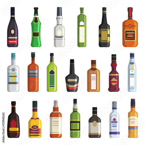 Liqueur, whiskey, vodka and other bottles of alcoholic drinks. Vector pictures in flat style