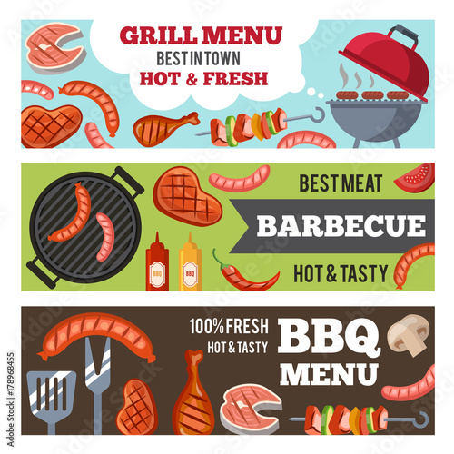 Vector horizontal banners set with illustrations of different foods for bbq party