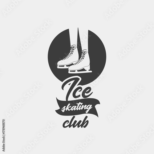 Badge template with ice skates. Monochrome symbol. This logo for ice skating club can be used for social network and web advertising or brand promotion.