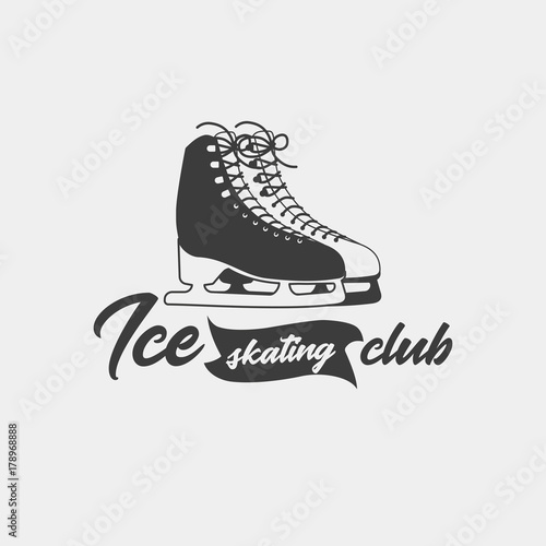 Badge template for ice skating club. Monochrome symbol. This logo with ice skates can be used for social network and web advertising or brand promotion.