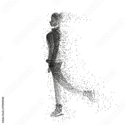 Female ice skater silhouette made of particles. Woman is moving on ice. Monochrome vector illustration.