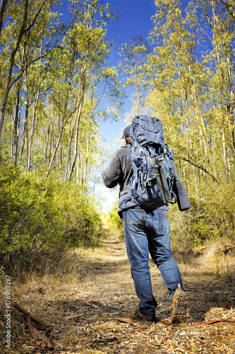 Adult man practicing trekking in a country trail