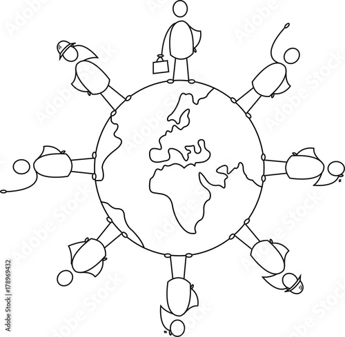 Diverse group of people standing on planet earth. Vector illustration of the globe with humans on it.