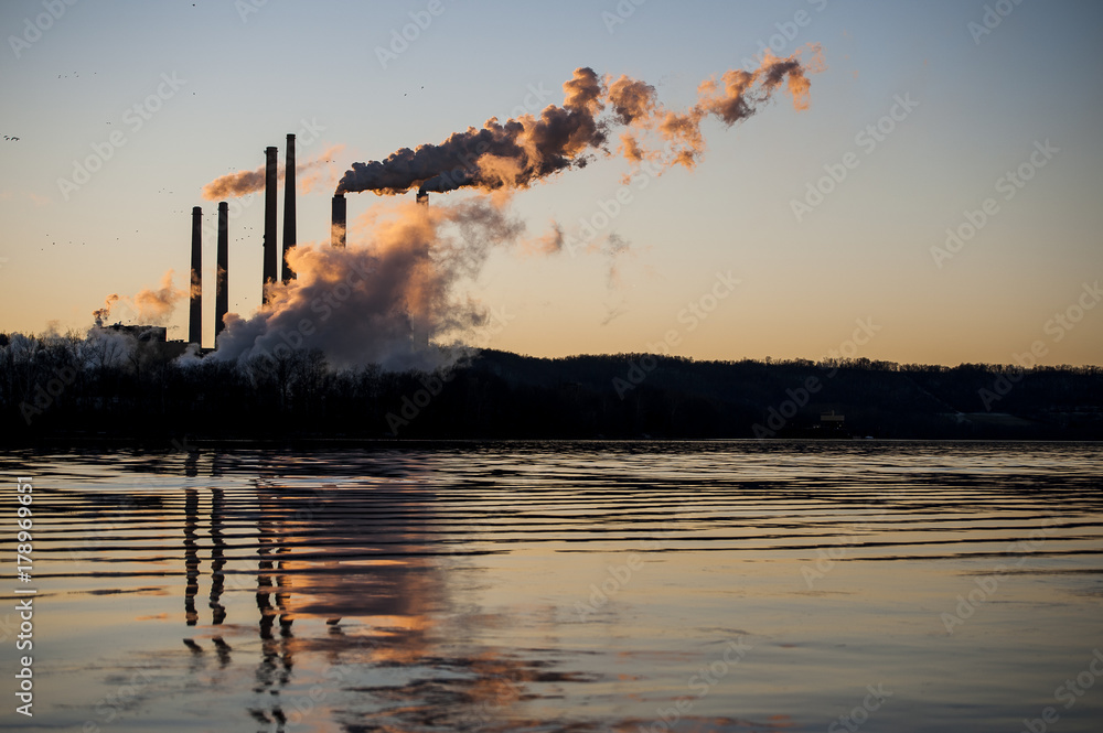 Coal Fired Power Plant Smokestacks with Emissions & Still Ohio River - Kentucky & Ohio