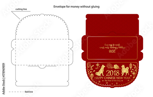 Chinese New Year red envelope flat icon. Vector illustration. Red packet with gold dog and lanterns.