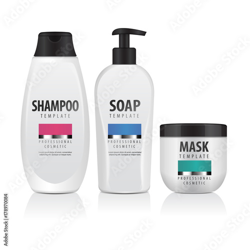 Set Of Realistic Cosmetic Bottles. Tube, Containers, Bottle With Dispencer. Vector Mock Up Illustration