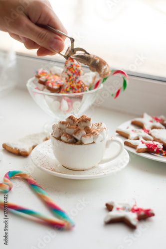 marshmallow in a cup and assortment of Christmas cookies, closeup, vertical