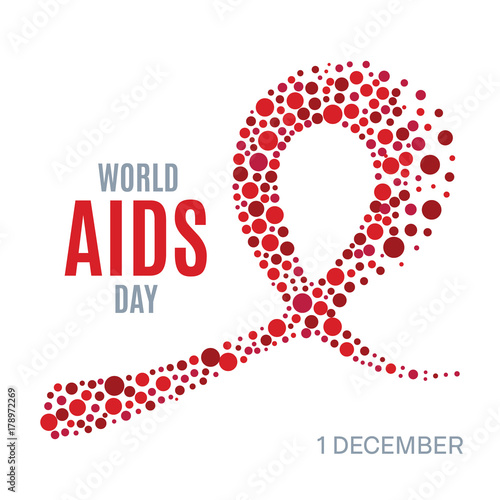 World AIDS Day awareness poster. Red ribbon made of small circles on white background. Symbol of acquired immune deficiency syndrome. Medical concept. Dotted design template. Vector illustration.