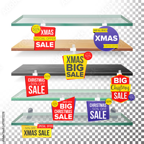 Empty Supermarket Shelves, Holidays Christmas Sale Wobblers Vector. Price Tag Labels. December Big Sale Banner. Holidays Xmas Selling Card. Discount Sticker. Sale Banners. Isolated Illustration
