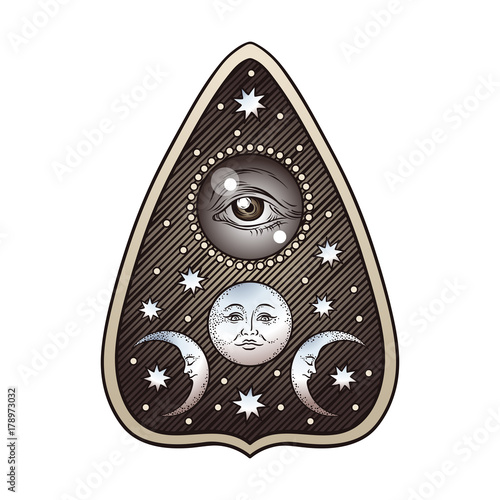 Hand drawn art ouija board mystifying oracle planchette isolated. Antique style boho chic sticker, tattoo or print design vector illustration