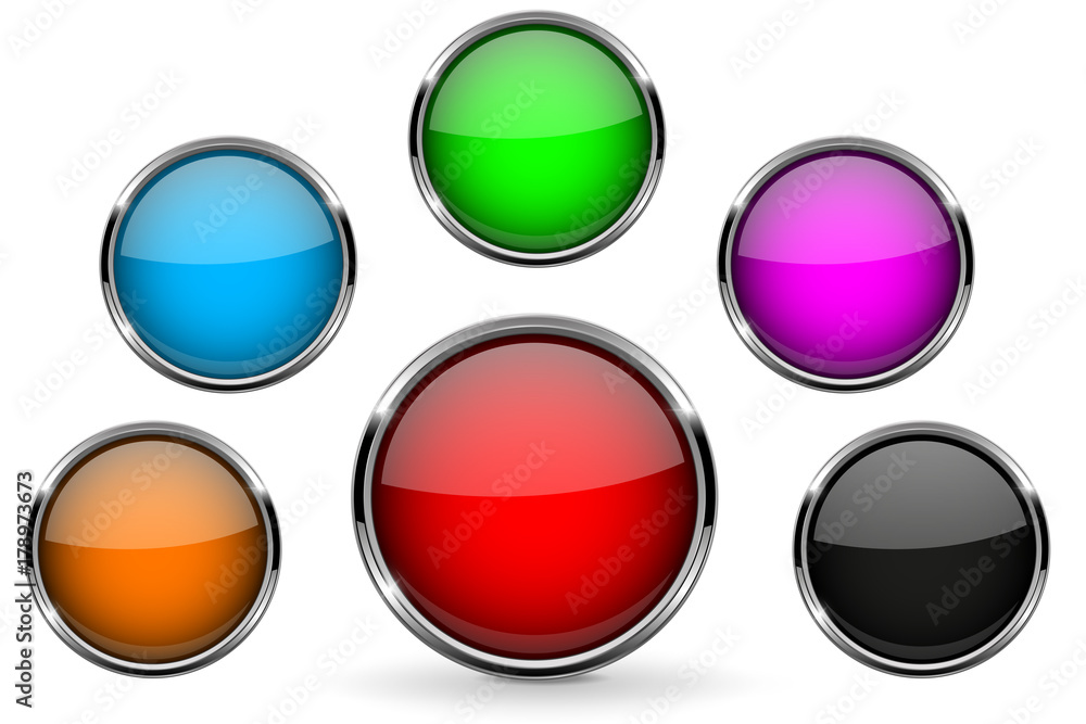 Round glass buttons. With metal frame. Colored collection Round glass buttons. With metal frame. Colored collection