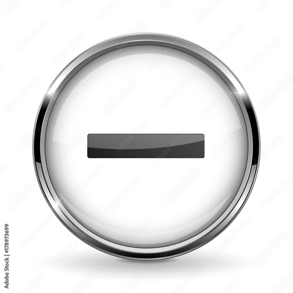 Round 3d button with metal frame. Minus or remove icon Round 3d button with metal frame. Minus or remove icon