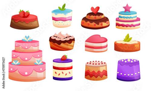 Set different kinds of cakes. Sweet baked desserts. Delicious food.