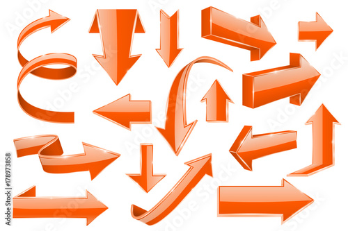 Orange arrows. Set of shiny 3d icons