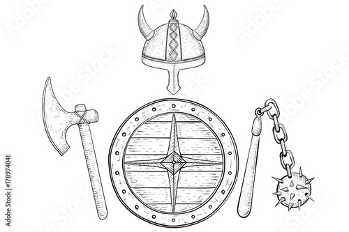 Viking armor set - helmet, shield, flail and axe. Hand drawn sketch