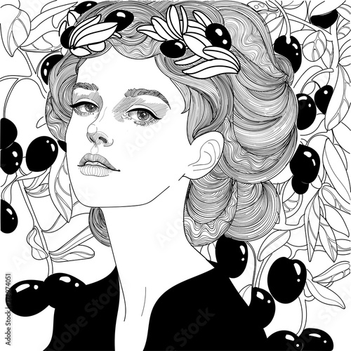 vector beautiful girl in olive wreath against the backdrop of olive trees
