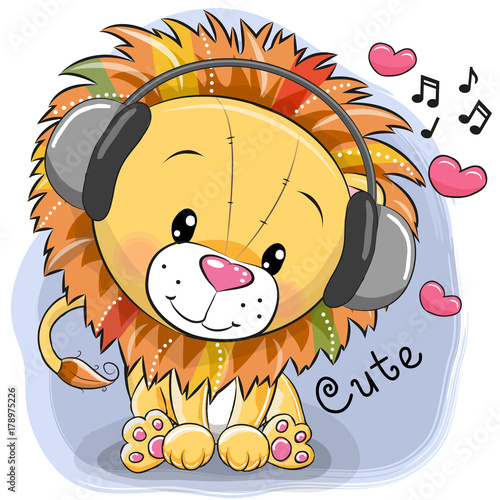 Fototapeta Naklejka Na Ścianę i Meble -  Cute cartoon Lion with headphones and hearts