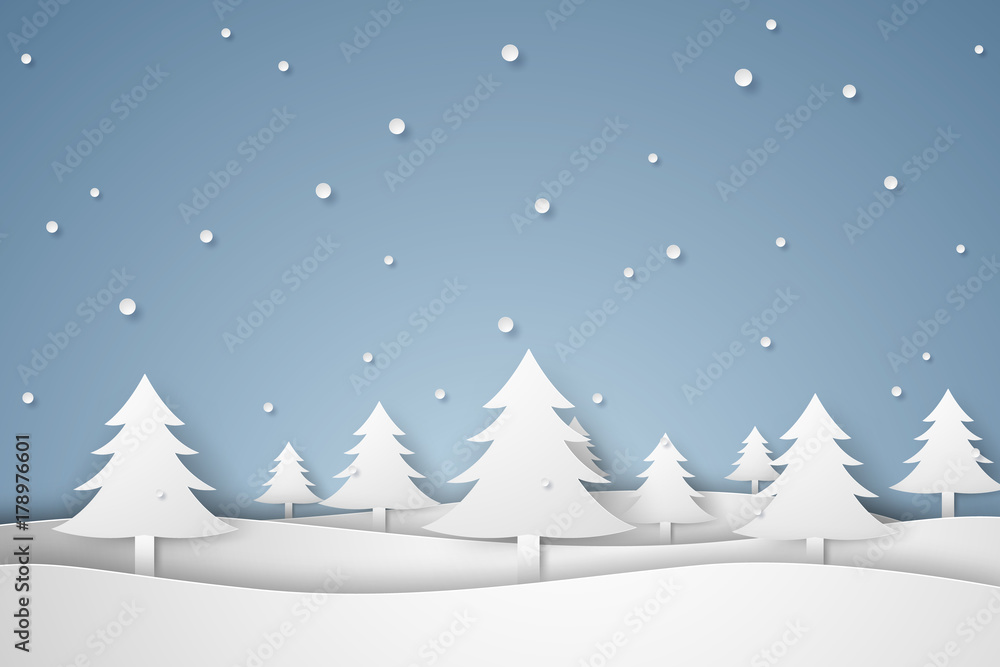 Merry Christmas and Happy New Year , winter landscape , paper art style