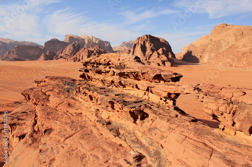 Natural rock bridge formation on Wadi Rum desert in Jordan.