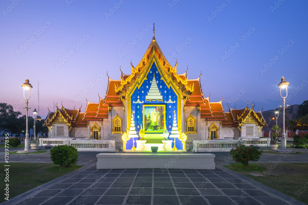 Wat Benchamabophit Dusitvanaram is a Buddhist temple in the Dusit district of Bangkok, Thailand in twilight time.